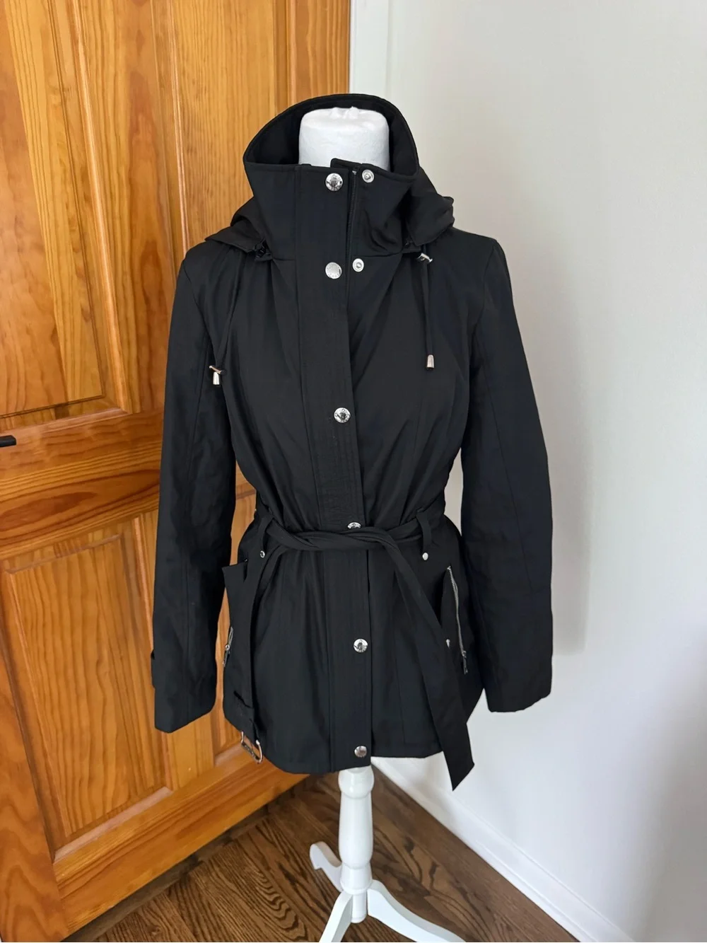 Michael Kors Black Women's Belted Hooded Rain Jacket